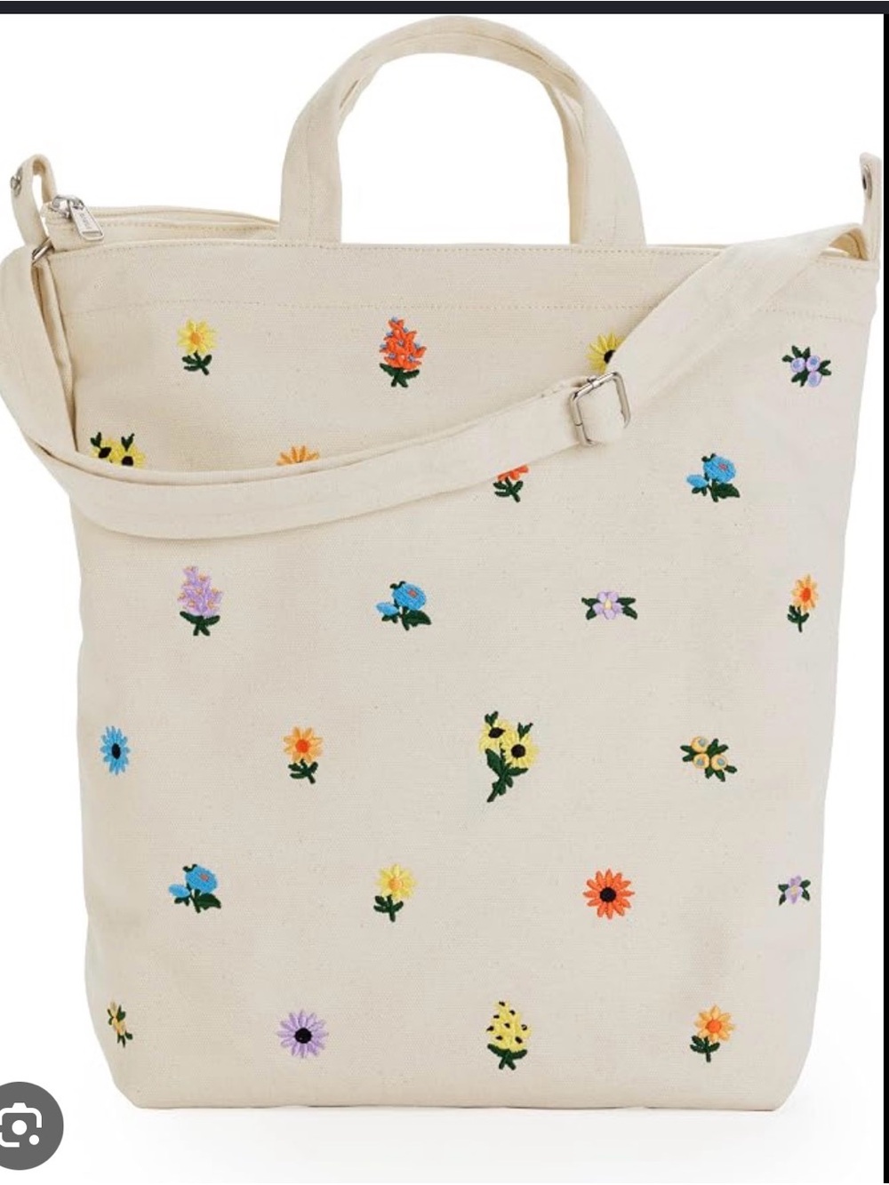 BAGGU Cream Canvas Tote with Multicolor Floral Embroidery